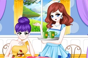 Dwie postacie w stylu anime w kawiarni, jedna siedzi przy stoliku z deserem, druga stoi z tacą i filiżankami, w tle duże okno z widokiem na krajobraz