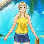 Postać dziewczyny w żółtym topie na tle tropikalnej plaży z palmą i chatką