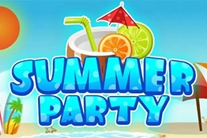 Napis Summer Party na tle plaży z koktajlem, parasolką i plasterkami cytrusów