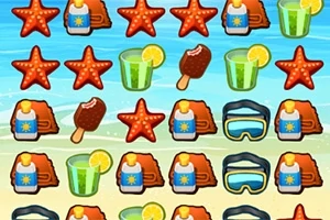 Ikony plażowe na tle morza i piasku, w tym rozgwiazdy, okulary do nurkowania, lody, napoje z cytryną i kremy przeciwsłoneczne