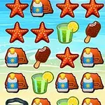 Ikony plażowe na tle morza i piasku, w tym rozgwiazdy, okulary do nurkowania, lody, napoje z cytryną i kremy przeciwsłoneczne