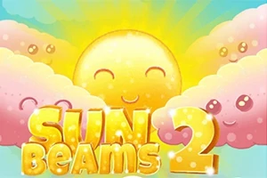 Uśmiechnięte słońce otoczone różowymi chmurami na tle niebieskiego nieba z kolorowym napisem Sun Beams 2