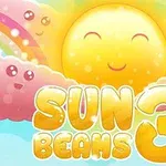 Uśmiechnięte słońce otoczone różowymi chmurami i tęczami na kolorowym tle z napisem Sun Beams 3