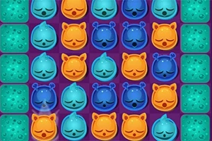 Kolorowe ikony przypominające twarze zwierząt ułożone w regularny wzór na fioletowym tle