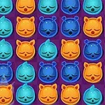 Kolorowe ikony przypominające twarze zwierząt ułożone w regularny wzór na fioletowym tle