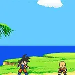 Trzy postacie animowane stoją na trawiastym i piaszczystym brzegu z widokiem na morze, w tle palmy i niebo z chmurami