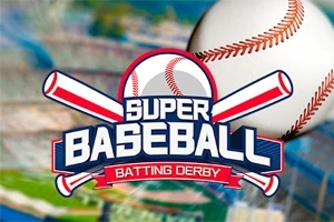 Logo Super Baseball Batting Derby z piłką baseballową i kijami na tle stadionu