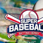 Logo Super Baseball Batting Derby z piłką baseballową i kijami na tle stadionu