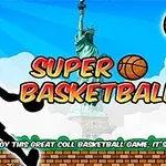 Silhouette koszykarza rzucającego piłkę do kosza na tle Statuy Wolności i chmur, z kolorowym napisem Super Basketball