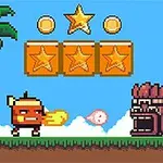 Postać w pikselowym stylu rzuca ognistą kulę na wroga obok palmy, z gwiazdkami i monetami wiszącymi w tle