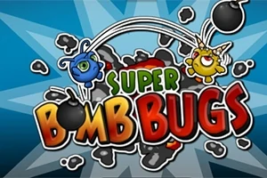 Dwukolorowy napis Super Bomb Bugs na niebieskim tle z kreskówkowymi postaciami owadów rzucających bomby