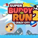 Kolorowa grafika z napisem „Super Buddy Run 2 Crazy City” z elementami takimi jak samochód, rekiny i piłka w tle