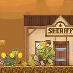 Kowboj strzela do potwora na tle budynku szeryfa, otoczony monetami i czaszką