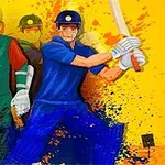 Ilustracja przedstawia kolorowych, animowanych graczy w strojach sportowych trzymających kije, z dynamicznym tłem w żywych barwach żółci i niebieskiego