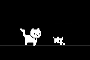 Czarno-biały pikselowy obrazek przedstawiający kota i małe stworzenie na czarnym tle