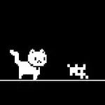 Czarno-biały pikselowy obrazek przedstawiający kota i małe stworzenie na czarnym tle