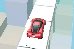 Czerwony samochód sportowy jedzie po wąskiej, podwyższonej platformie otoczonej niebieskimi i szarymi blokami