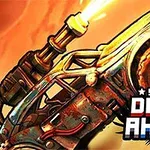 Samochód z działkiem na dachu strzelający do przodu, z widocznym logo Super Drive Ahead na tle pomarańczowego nieba