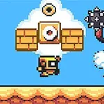 Postać w pikselowej grafice latająca na chmurze, trzymająca broń, naprzeciw małego robota, w tle złote klocki i pierścień