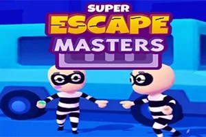 Dwóch postaci w strojach więziennych stoi przed niebieskim pojazdem na tle z napisem Super Escape Masters