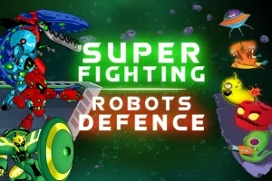 Kolorowe, futurystyczne roboty i kosmici na tle kosmosu z napisem Super Fighting Robots Defence