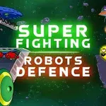 Kolorowe, futurystyczne roboty i kosmici na tle kosmosu z napisem Super Fighting Robots Defence