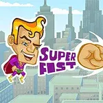 Superbohater z blond włosami i uniesioną pięścią naprzeciwko kolorowych postaci potworów na tle miasta