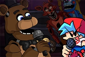 Postacie animowane z mikrofonami w różnych kolorach, w tym niedźwiedź w cylindrze i postać z niebieskimi włosami