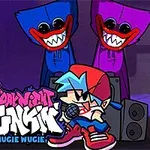 Postać w czerwonej czapce z mikrofonem przed głośnikiem oraz dwa potwory w niebieskim i fioletowym kolorze o szerokich, czerwonych uśmiechach