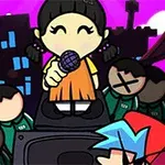 Dziewczynka z mikrofonem na tle miasta z różowym niebem, otoczona przez czterech ludzi z zamkniętymi oczami