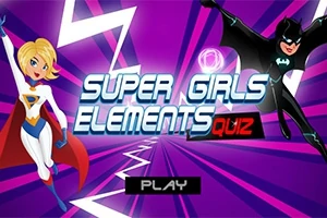 Dwie superbohaterki w kostiumach na tle fioletowego wzoru z napisem Super Girls Elements Quiz