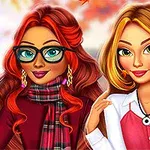 Dwie stylizowane postacie kobiece z kolorowymi włosami, w jesiennych strojach i ozdobach, na tle jesiennych liści