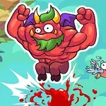 Postać czerwonego potwora z zieloną brodą i rogami skacze w powietrzu obok latającego stworzenia na tle nieba i urwiska