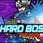 Postać w zbroi z koroną na głowie, wyciągająca rękę, na tle błyskawic i światła, z napisem Super Hard Boss Fighter