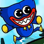 Kolorowa postać z wielkimi oczami i szerokim uśmiechem skacze wśród drzew na tle błękitnego nieba