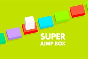 Kolorowe, trójwymiarowe pudełka na jasnozielonym tle z białym napisem Super Jump Box
