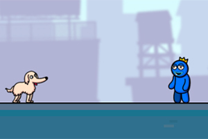 Postać w niebieskim stroju z koroną stoi naprzeciwko uśmiechniętego psa na tle miejskiej scenerii