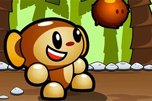 Uśmiechnięta, kreskówkowa postać małpki na tle lasu z brązowym kokosem wiszącym w powietrzu