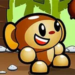 Uśmiechnięta, kreskówkowa postać małpki na tle lasu z brązowym kokosem wiszącym w powietrzu