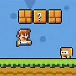 Postać w stylu pixel art skacząca w stronę klocków z pytajnikiem nad terenem z trawą i wrogiem