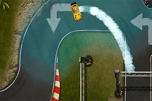 Żółty samochód driftingowy w ostrym zakręcie na torze, z białą smugą dymu za sobą