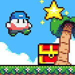 Pikselowa postać w niebieskiej czapce skacze w stronę złotej gwiazdy obok palmy i czerwonej skrzyni na tle nieba