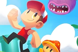 Postać w czerwonej czapce biegnie po kolorowym tle z chmurami i wielką fioletową postacią w tle