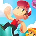 Postać w czerwonej czapce biegnie po kolorowym tle z chmurami i wielką fioletową postacią w tle