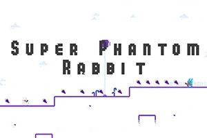 Tytuł Super Phantom Rabbit na tle minimalistycznej, pikselowej grafiki z niebieskim królikiem