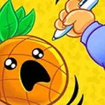 Ananas z przerażoną twarzą trzymany w dłoni, podczas gdy druga ręka rysuje wzór za pomocą długopisu na żółtym tle