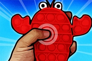 Osoba trzyma czerwoną zabawkę antystresową w kształcie kraba na niebieskim tle