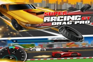 Złoty samochód wyścigowy na tle miasta z logo Super Racing GT Drag Pro, opony oraz wyścig innych samochodów sportowych na dolnej części obrazu