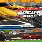 Złoty samochód wyścigowy na tle miasta z logo Super Racing GT Drag Pro, opony oraz wyścig innych samochodów sportowych na dolnej części obrazu