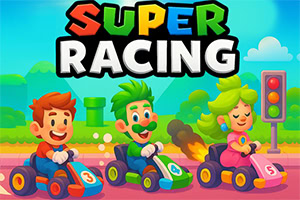 Trójka postaci w kolorowych gokartach ściga się na torze wyścigowym z tłem w jasnych, kreskówkowych barwach i sygnalizacji świetlnej